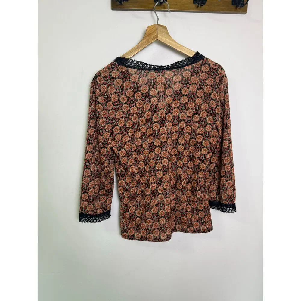 J.Jill Women’s Small Boho Floral Button Front Top Black Lace Trim 3/4 Sleeve